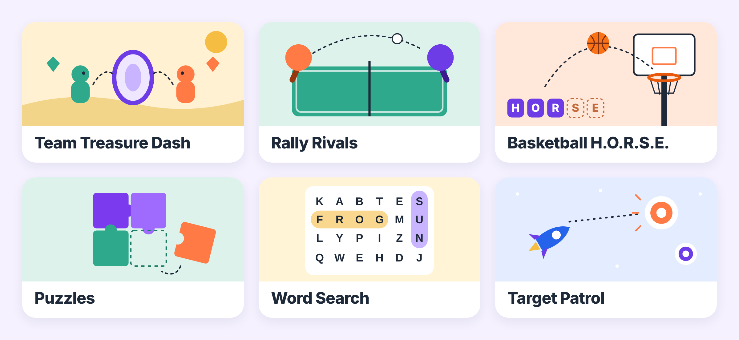 Six games families can make in fAImly Create: Team Treasure Dash, Rally Rivals, Basketball H.O.R.S.E., Puzzles, Word Search, and Target Patrol